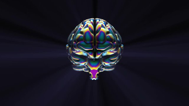 Rotating brain. The penetrating blue rays from the inside of the brain. Holographic foil. Seamless loop.