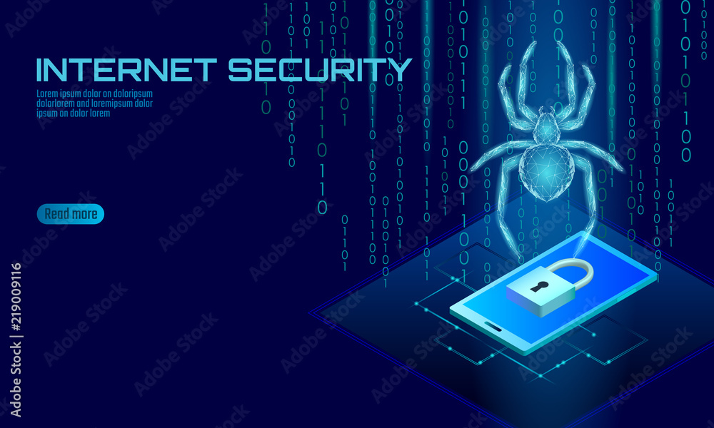 Wall mural isometric 3d spider hacker attack danger. web security virus data safety antivirus concept. smartpho