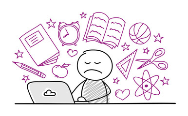 Angry stickman working on laptop - school concept with accessories. Vector.