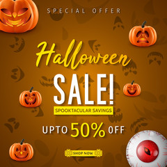 Naklejka premium Hallowen Sale vector illustration with pumpkin head. Halloween special offer.