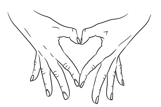 Heart love symbol composed of two hands palms black brush lines on white background. Vector illustration.