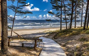 Wooden footpath leading to a shore of the Baltic Sea, Jurmala, Latvia