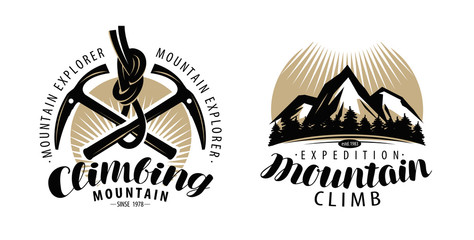 Mountaineering, climbing logo or label. Expedition, mountain climb emblem. Vintage lettering vector