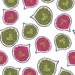 Naklejka premium Funny fig fruit vintage seamless pattern. Botanical background. Engraved fig. Vector illustration