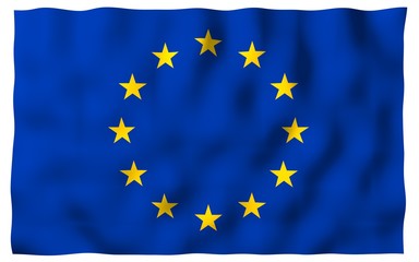 Slightly waving flag of the European Union isolated on white background, 3D rendering. Symbol of Europe. 3D illustration
