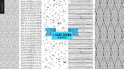 Set, hand drawn black, white geometric pattern. Vector seamless pattern Abstract background, strokes. Monochrome texture Hipster graphic design. Endless vector backgrounds, simple textures, stripes