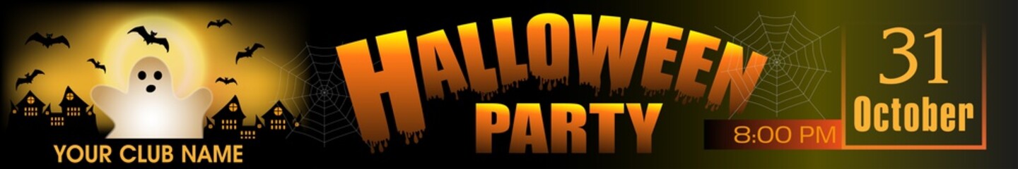 Halloween Party banner. Background with ghost and bats. Vector
