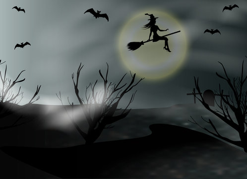 Halloween background with flying young witch and full moon. Fantasy night panoramic view. Vector