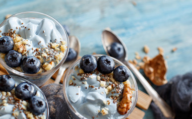 Blueberries and yogurt chia pudding parfait