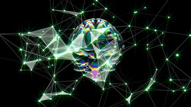 Network operation. Connection of objects in consciousness. Interrelation. Green glow. The edges. Rotating brain. Holographic foil. Seamless loop.