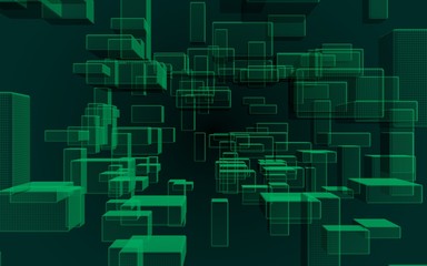 Green and dark abstract digital and technology background. The pattern with repeating rectangles. 3D illustration