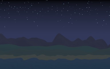 Starry moonless sky. Ocean shore line with waves on a beach. Island beach paradise with waves. Vacation, summer, relaxation. Seascape, seashore. Minimalist landscape, primitivism. 3D illustration