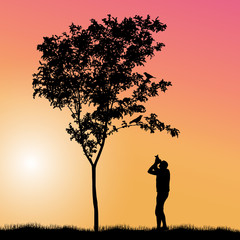 Colorful vector with a man photographing birds sitting on a tree in sunset.