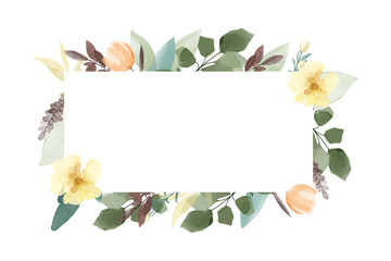 Watercolor flower and leaves frame. Floral Design elements. 	