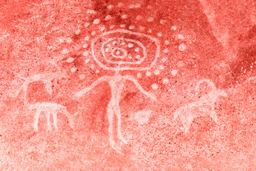 An image of an ancient man and animals on a cave wall. ancient history, era, era, stone age.