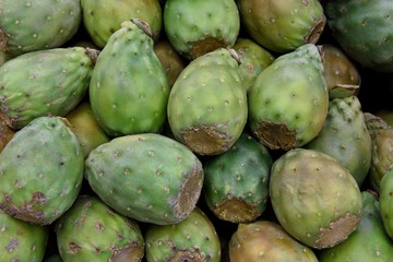 Freshly harvested Colombian Higo fruit, or Opuntia ficus-indica, farmers market in Medellin, Colombia