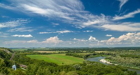 Summer. July. View of the bend of the Don river. Place - area in the natural architectural archeological museum-reserve "Divnogorie", Russia, Liski Area of Voronezh Region