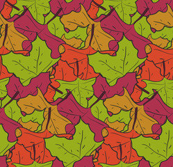 Naklejka na ściany i meble Cute seamless pattern with mess of falling green, orange and red maple leaves. Nice autumn texture for textile, wrapping paper, cover, wallpaper, background, surface
