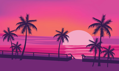 Fototapeta na wymiar Sunset, ocean, evening, palm trees, sea shore, color mood, summer, vector, illustration, isolated, cartoon style
