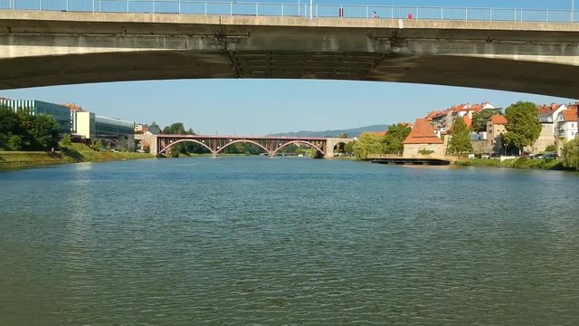 Dlying a drone under the bridge across river Drava in Maribor, Slovenia.
