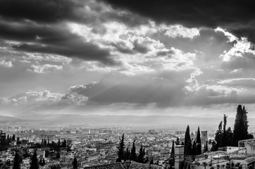 Cityscape of Granada, Spain, black and white image