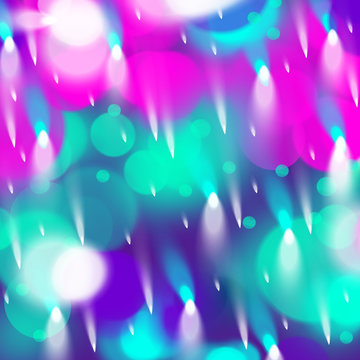An abstract illustration of neon light rays and specks of white highlights on a dark blurred background