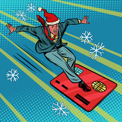 Christmas businessman and Bank card. Speed extreme sports