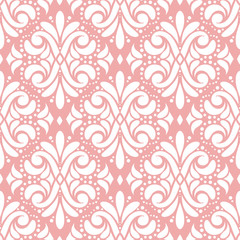 Fototapeta na wymiar White and pink vintage vector seamless pattern, wallpaper. Elegant classic texture. Luxury ornament. Royal, Victorian, Baroque elements. Great for fabric and textile, wallpaper, or any desired idea.