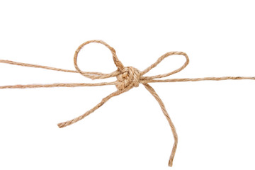 Single bow knot on a linen rope string isolated over the white background