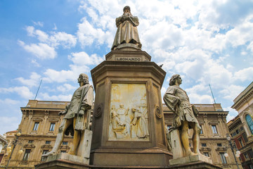 Fototapeta na wymiar View on the statue of Leonardo da Vinci in Milan, Italy on a sunny day.