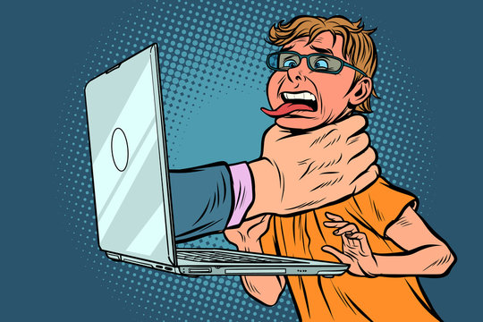 Internet Censorship Concept. Hand Strangles Computer User