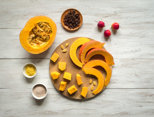 Preparation of dessert with pumpkin. Rustic food.

