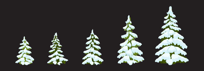 Naklejka na ściany i meble Set - Fir Trees with White and Blue Snow . Winter Holiday Christmas Decoration Isolated . Snow-covered pines. Firs in the snow. Winter.