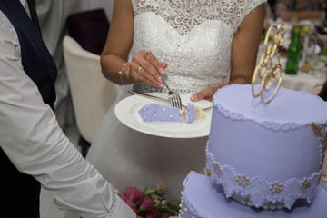 Obraz na płótnie Canvas The bride is tasting a wedding cake