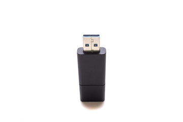 Black USB flash drive 3.0 on a white background