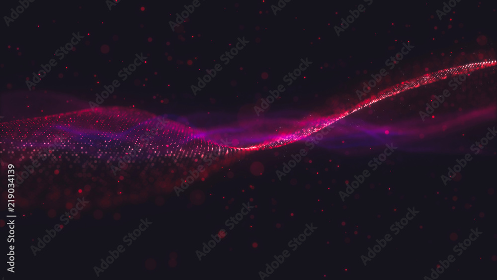 Poster abstract wavy structure with millions of glowing particles. colorful blurred magic background with l