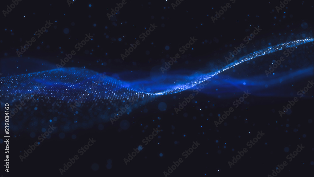 Wall mural abstract wavy structure with millions of glowing particles. colorful blurred magic background with l