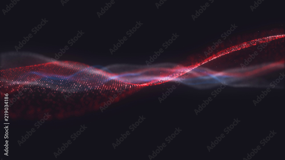 Wall mural abstract wavy structure with millions of glowing particles. colorful blurred magic background with l