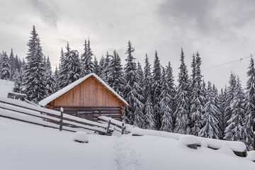 Fantastic winter landscape with wooden house in snowy mountains. Christmas holiday concept. Carpathians mountain, Ukraine, Europe