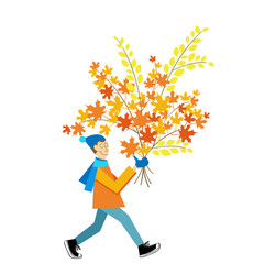 A man carrying a autumn leaves bouquet. Leaf peeping vector image. Fall leaves bundle flat vector illustration.