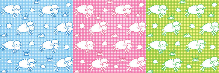 Seamless pattern set with funny sheeps and clouds