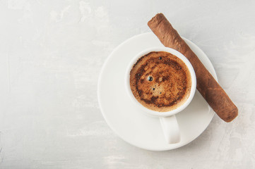 Cup and Turk coffee, cigar and guillotine isolated on white background.