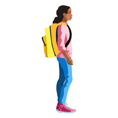 Isolated figure of a black girl standing with a school backpack