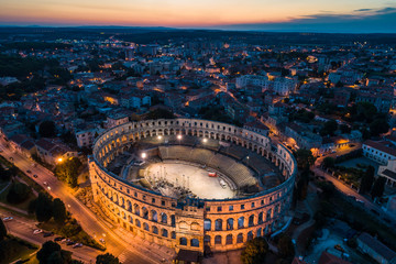 Aerial photo of Roman Colosseum in Pula, Croatia at night