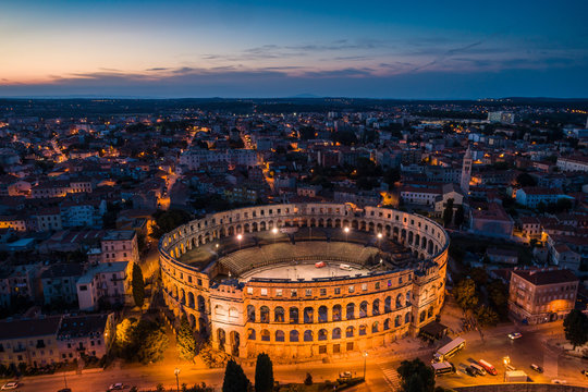 Aerial photo of Roman Colosseum in Pula, Croatia at night