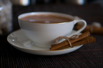 Cup of Cocoa, Cinnamon Sticks and Sugar Cubes