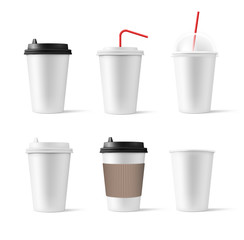 Set of realistic blank mock up paper cups with plastic lid. Coffee to go, take out mug. Vector illustration isolated and can be use for any backgrounds. EPS10.
