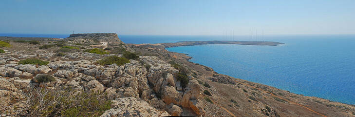 Fototapeta na wymiar Mountains and sea of Cyprus. Stitched Panorama