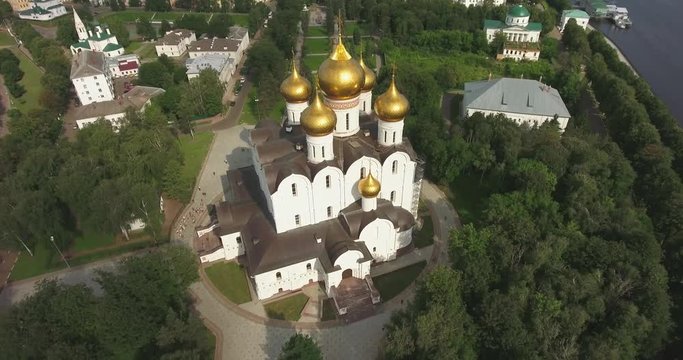 Aerial shooting of the Assumption Cathedral in Yaroslavl city, Russia. View from the top.