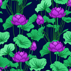 Seamless pattern, background with lotus flower. Botanical illust